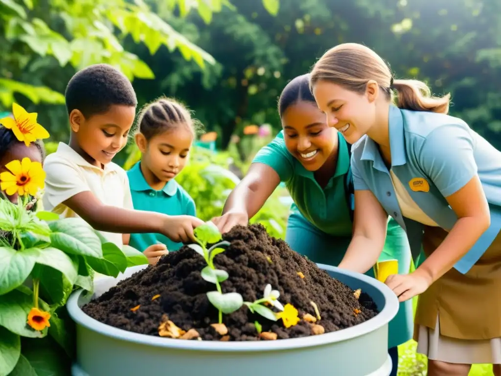 Niños de diversas escuelas crean un compost en el jardín escolar