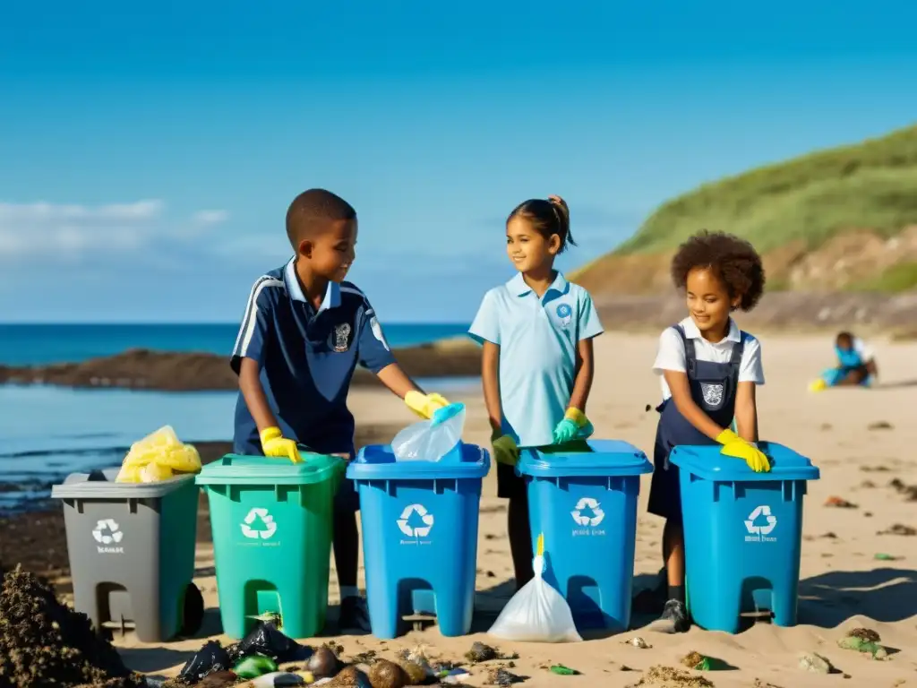 Niños de diferentes escuelas limpiando la playa, recogiendo plásticos y separándolos en contenedores de reciclaje, bajo un cielo azul y un mar tranquilo