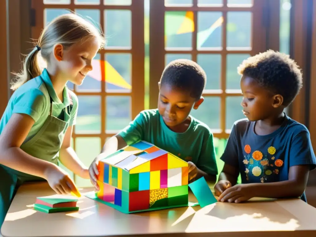 Niños creando escultura reciclada, unidos por la creatividad y la conciencia ambiental