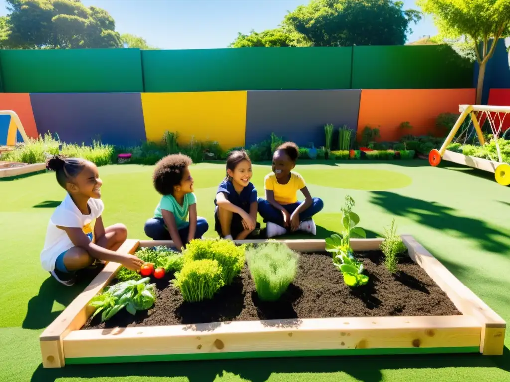 Niños felices disfrutan de actividades ecológicas en un patio escolar verde