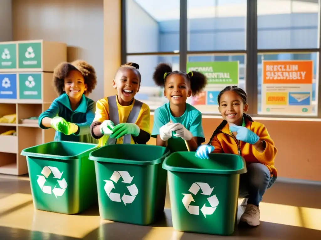 Niños felices realizando actividades educativas de reciclaje, aprendiendo sobre sostenibilidad en un centro de reciclaje con carteles coloridos