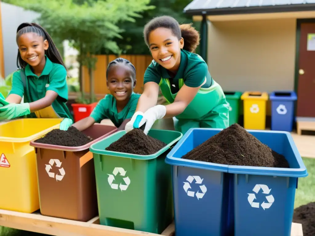 Niños felices colaborando en actividades extraescolares para compostaje y reciclaje, en un ambiente vibrante y bien organizado al aire libre