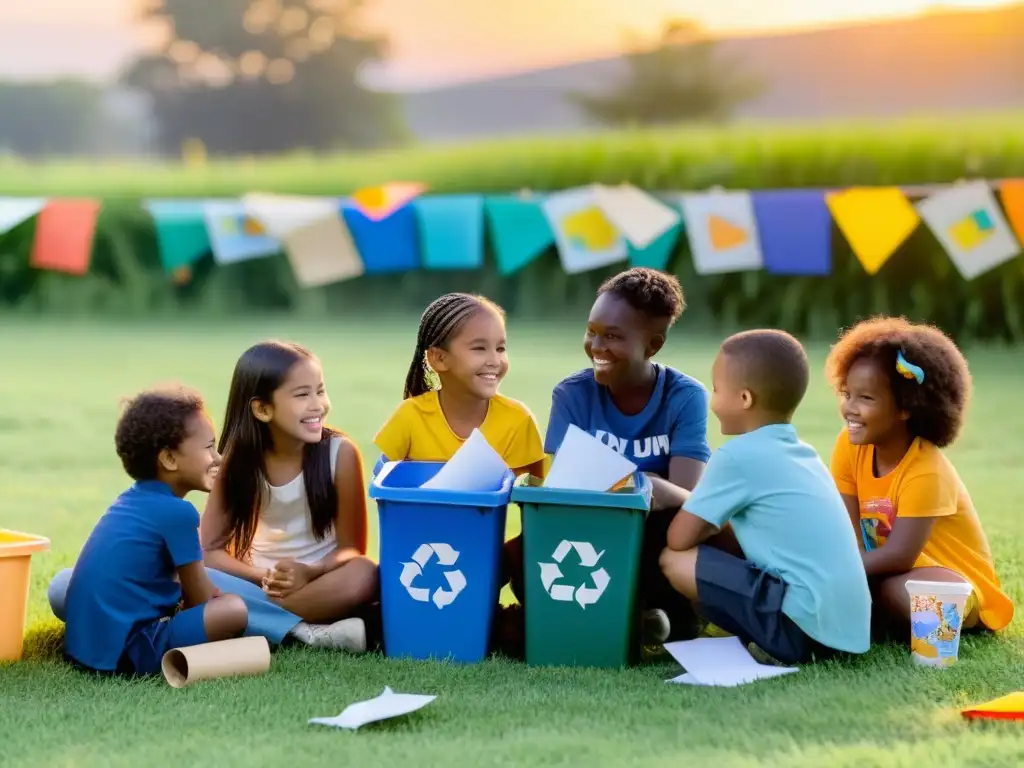 Niños felices creando arte con materiales reciclados en el campo al atardecer