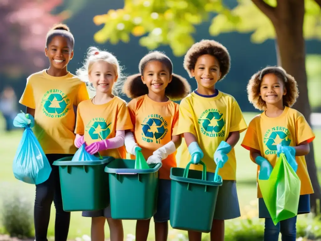 Niños felices organizando gincana ecológica, recogiendo basura y clasificándola en contenedores de reciclaje en un parque soleado y florido