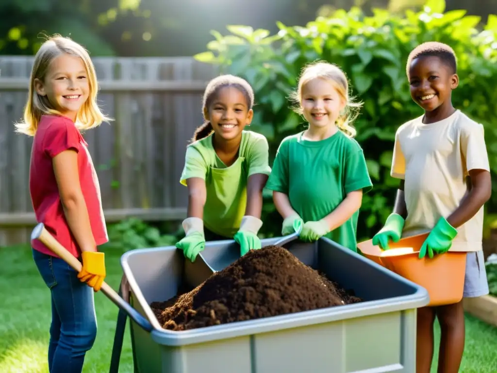 Niños felices preparándose para el compostaje doméstico, con jardines verdes alrededor