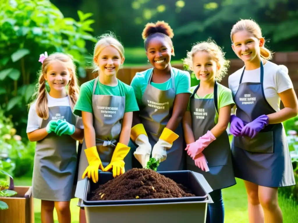 Niños felices preparando compostaje en un jardín soleado