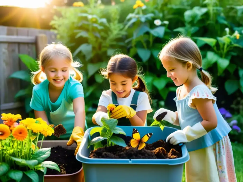 Niños felices aprendiendo sobre compostaje en jardinería, rodeados de plantas y flores coloridas mientras el sol brilla