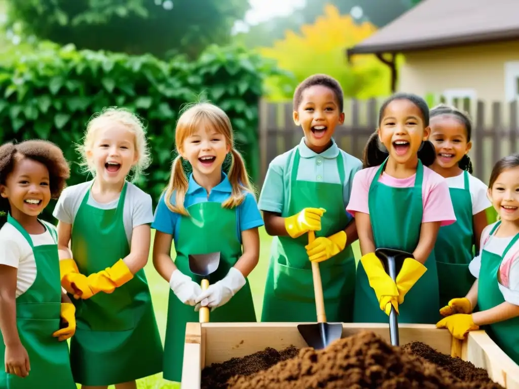 Niños felices en el jardín observando el compostaje con su maestra, experimentos divertidos jardín infantes compostaje