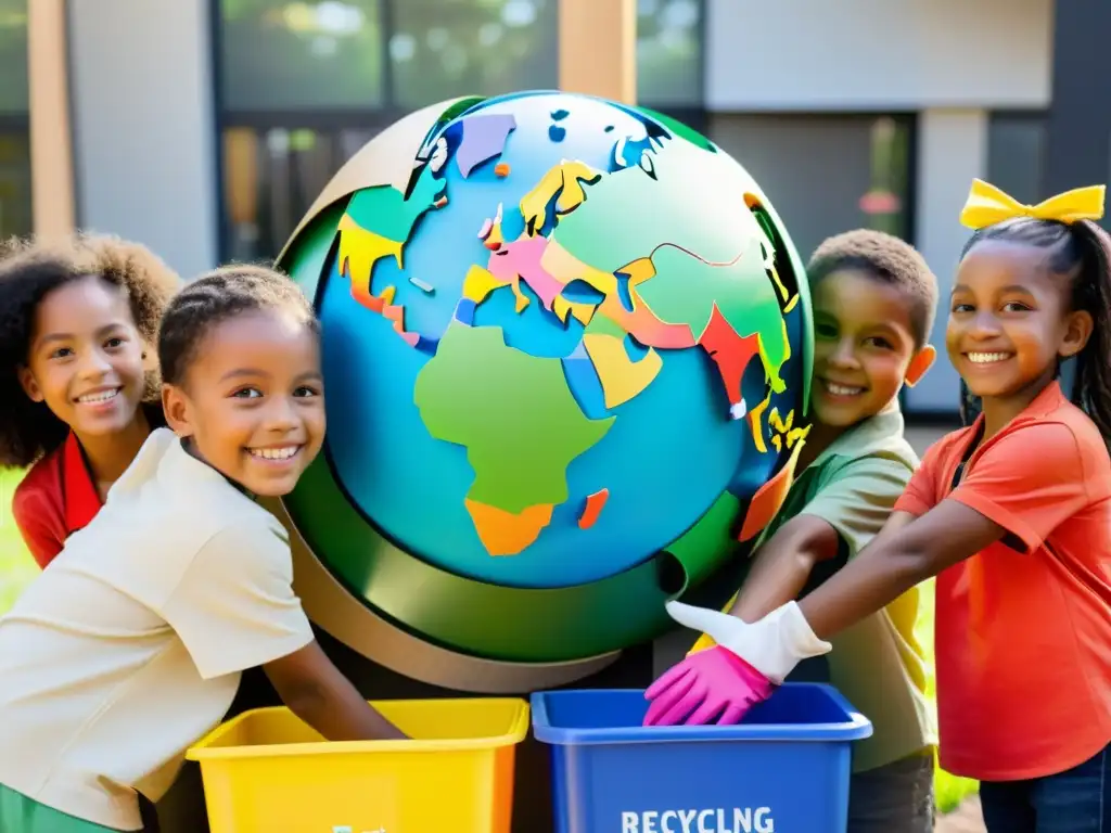 Niños felices rodean escultura terrestre reciclada en aula moderna