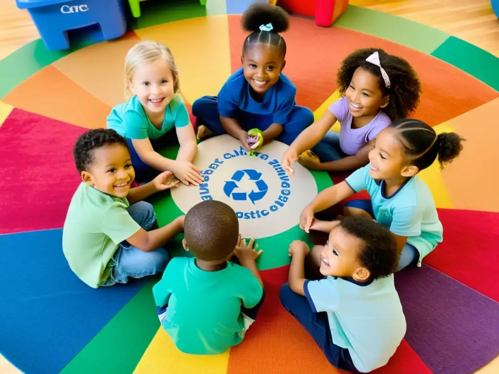 Niños felices participan en juegos de clasificación de residuos en aula soleada