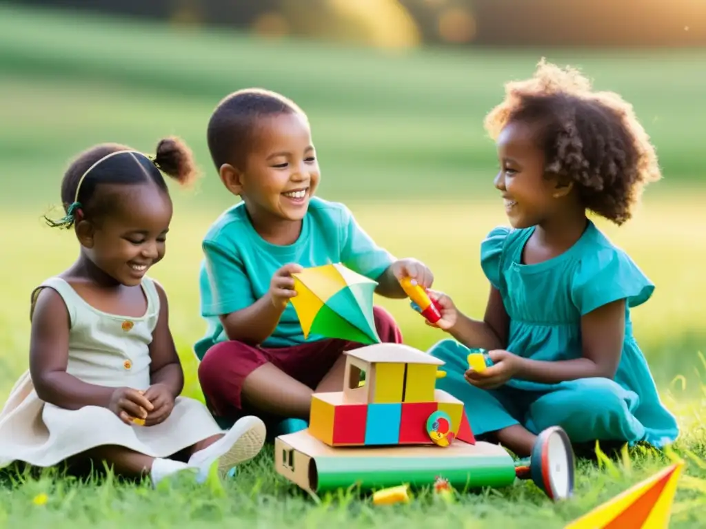 Niños felices disfrutan juegos reciclados en campo soleado, con muñeca, coche y cometa hechos a mano