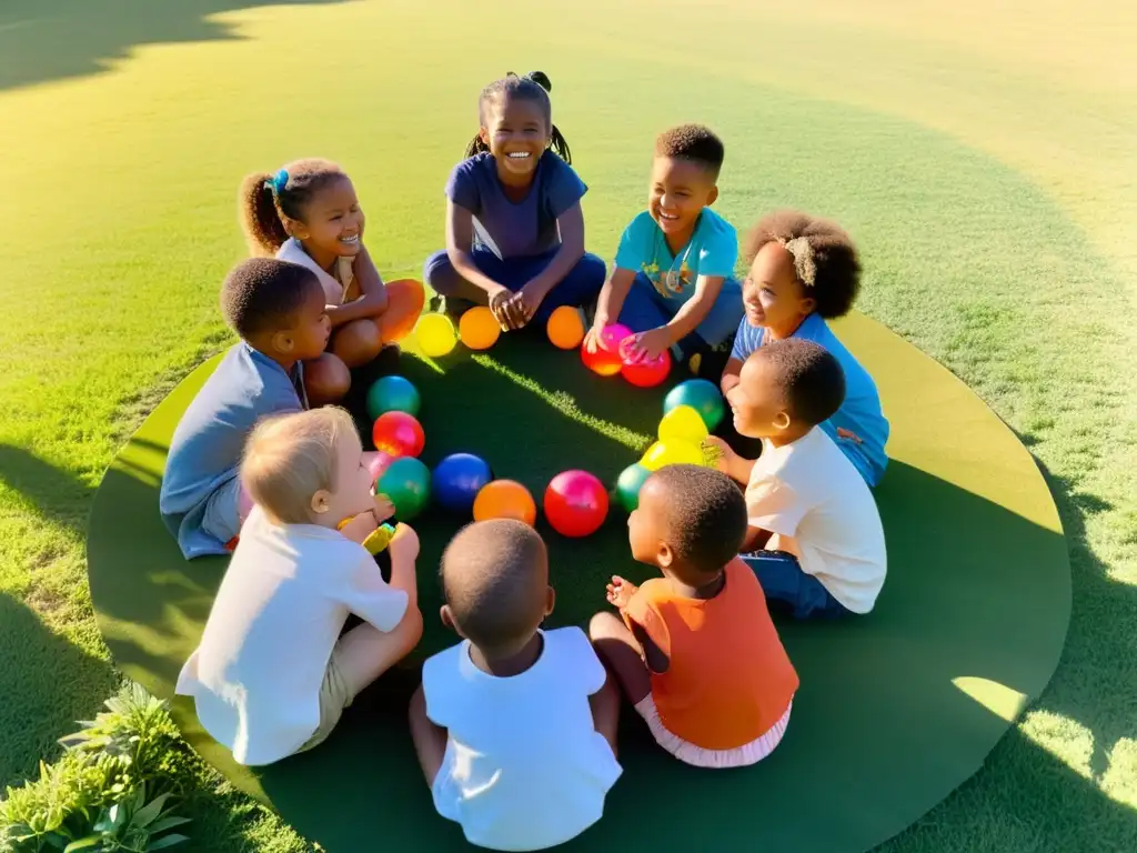 Niños felices juegan con juguetes reciclados al atardecer en un campo