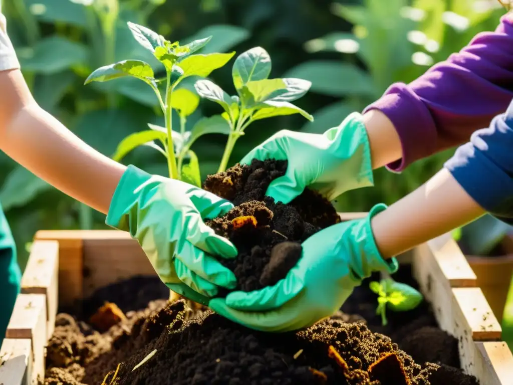 Niños felices trabajando juntos en un jardín comunitario, cuidando el compost con entusiasmo