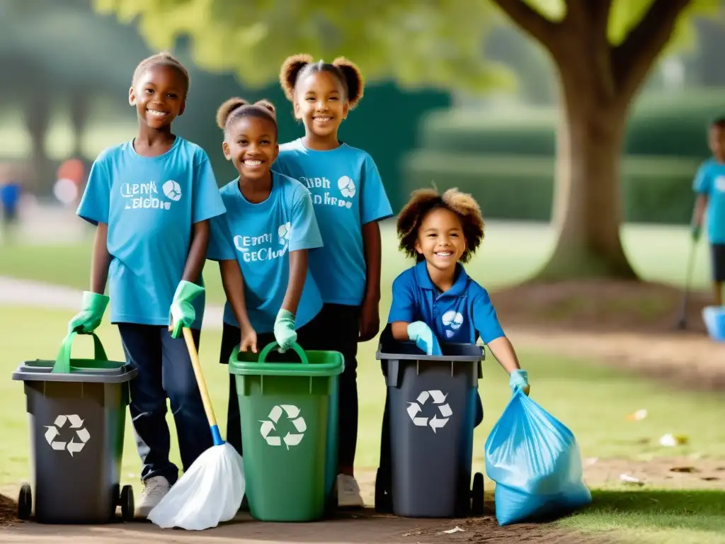 Niños felices colaborando en la limpieza del parque, demostrando responsabilidad ambiental