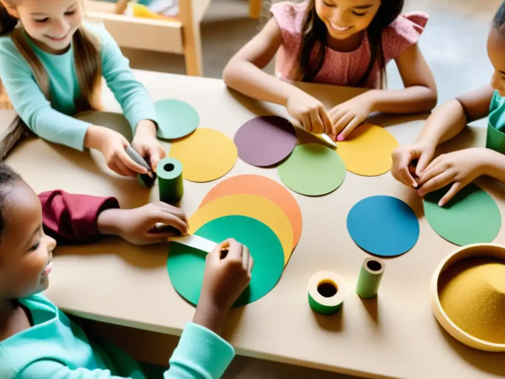 Niños felices creando manualidades ecológicas en una mesa brillante y organizada, utilizando materiales reciclados y productos no tóxicos