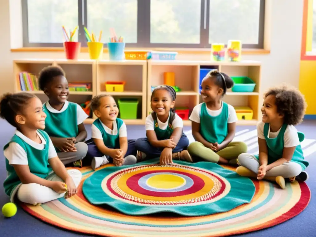 Niños felices muestran manualidades recicladas en aula luminosa