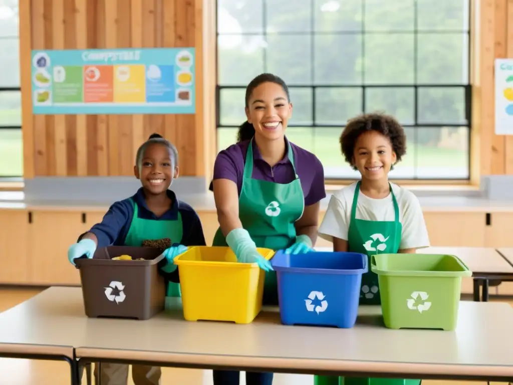 Niños felices clasificando materiales compostables en un aula luminosa con la guía de su maestra