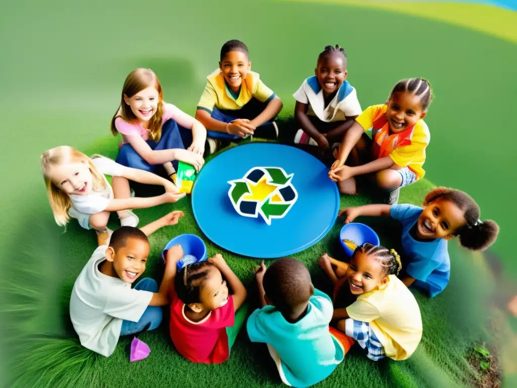 Niños felices clasificando materiales reciclables al aire libre bajo el sol