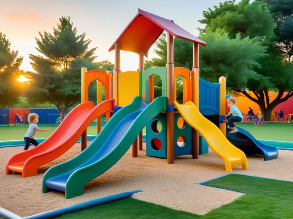 Niños felices jugando en un parque con innovaciones reciclaje juguetes sostenibles