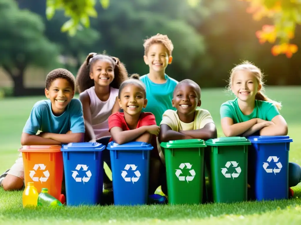 Niños felices aprendiendo sobre reciclaje en un círculo al aire libre rodeados de contenedores de colores