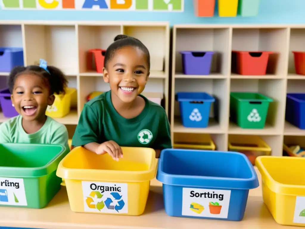 Niños felices juegan a clasificar residuos en coloridos contenedores