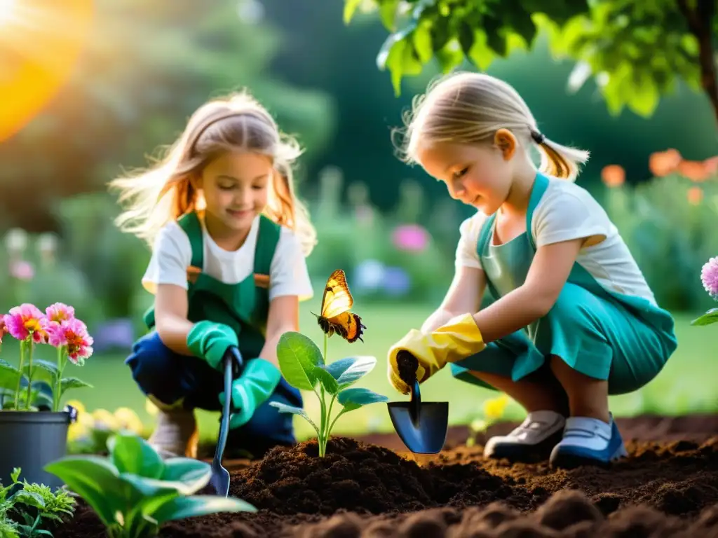 Niños usando herramientas de jardinería sostenible plantando árboles con entusiasmo en un jardín exuberante al atardecer