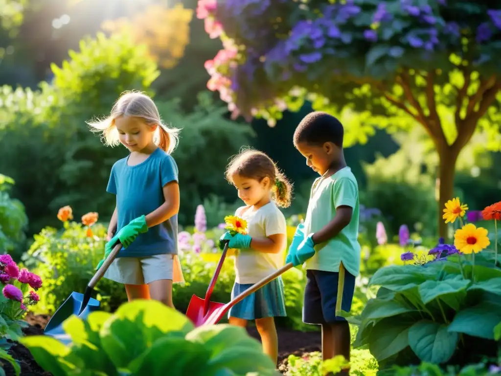 Niños usando herramientas de jardinería sostenible para cuidar un jardín vibrante lleno de flores coloridas y plantas exuberantes, bajo el cálido sol