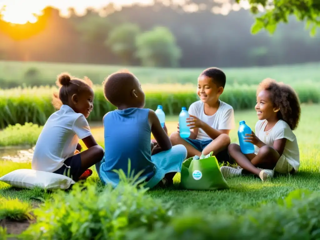 Niños aprendiendo sobre la importancia de reducir, reutilizar y reciclar en la naturaleza al atardecer