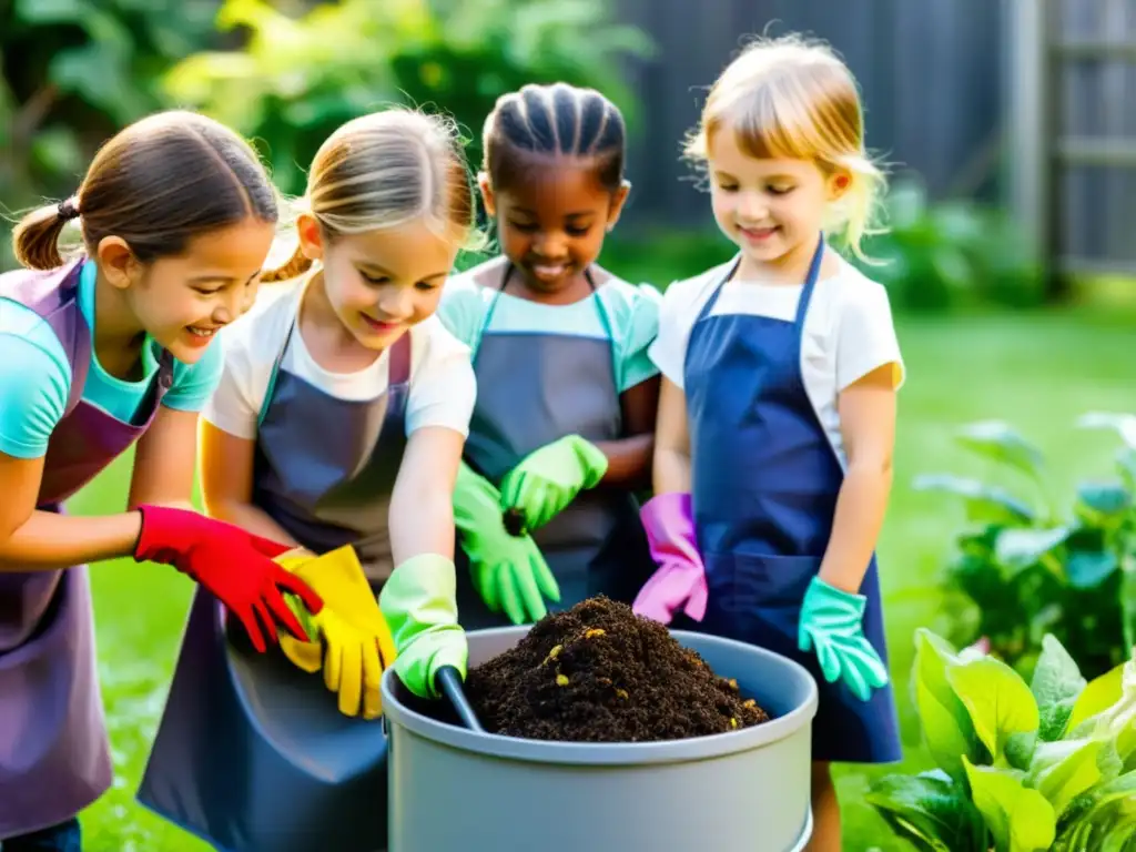 Niños del jardín de infantes exploran divertidos experimentos de compostaje en el soleado jardín