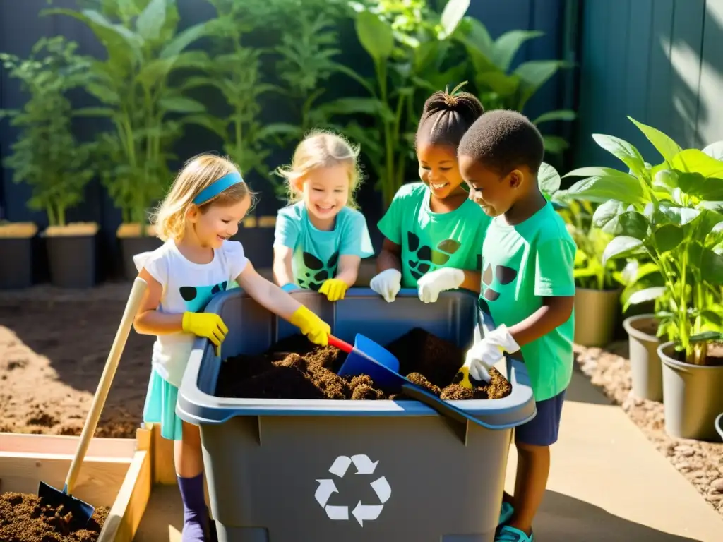 Niños del jardín de infantes disfrutan de experimentos divertidos en compostaje, mezclando materiales orgánicos en un gran contenedor rodeados de plantas y herramientas de jardinería