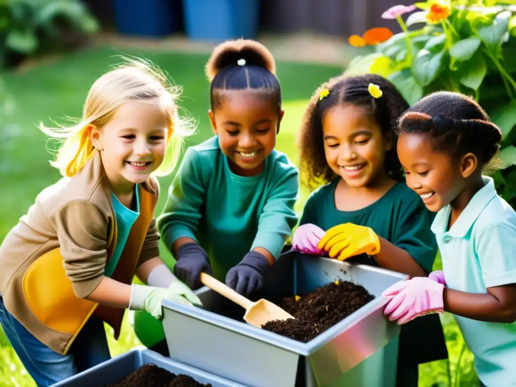 Niños de jardín de infantes disfrutan de experimentos divertidos en compostaje mientras trabajan juntos en un jardín soleado