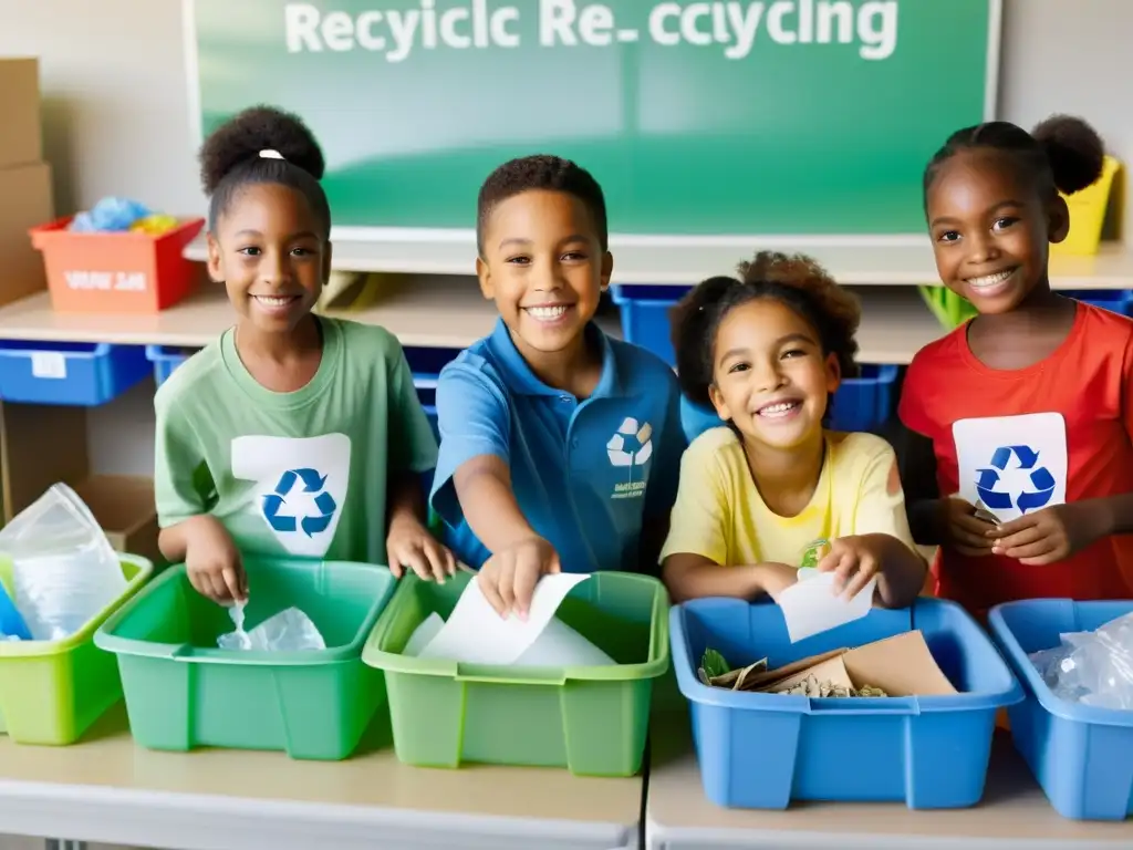 Niños diversos trabajando juntos en centro de reciclaje, fomentando la responsabilidad ambiental en niños