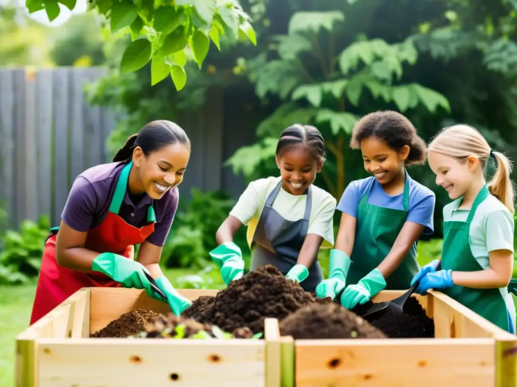 Niños trabajando juntos en un compostaje escolar, fomentando competencias amistosas de compostaje escolar con entusiasmo y responsabilidad ambiental