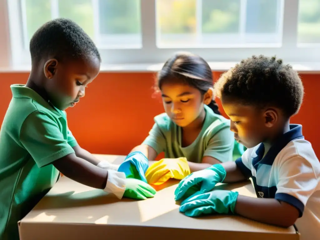 Niños clasificando materiales reciclables con guantes de colores, enseñando a separar residuos correctamente