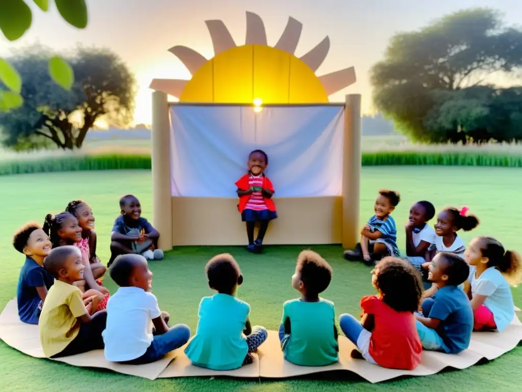 Niños disfrutan de una obra de teatro sostenible al aire libre al atardecer