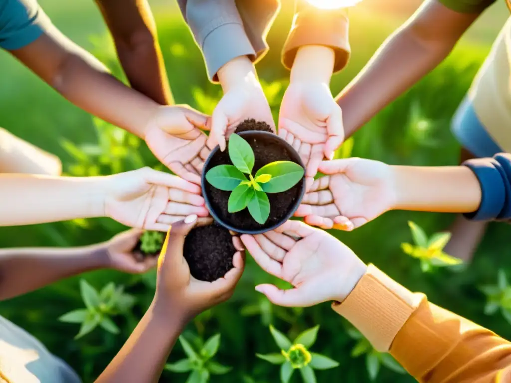 Niños sosteniendo plantas en círculo en campo verde al atardecer, evocando responsabilidad ambiental en niños