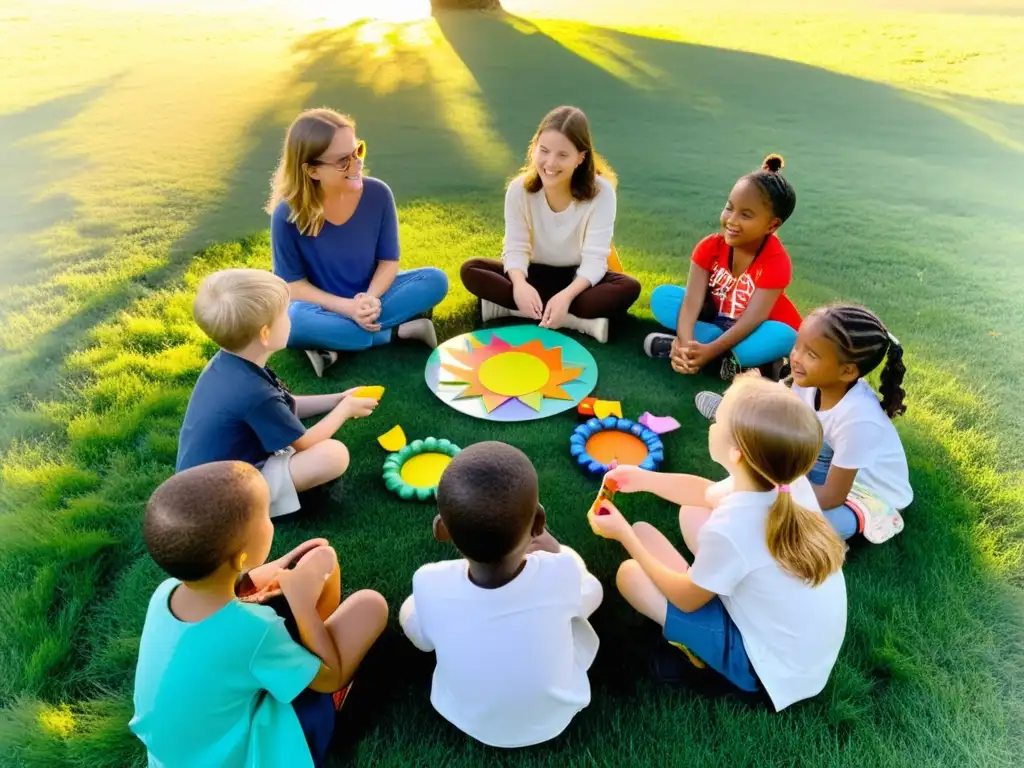 Niños disfrutan de proyectos creativos reciclaje arte en el campo al atardecer