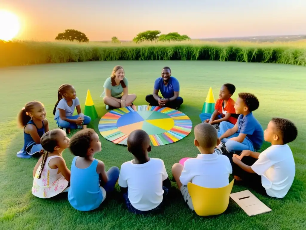 Niños disfrutan de proyectos creativos de reciclaje rodeados de arte colorido en el atardecer del campo