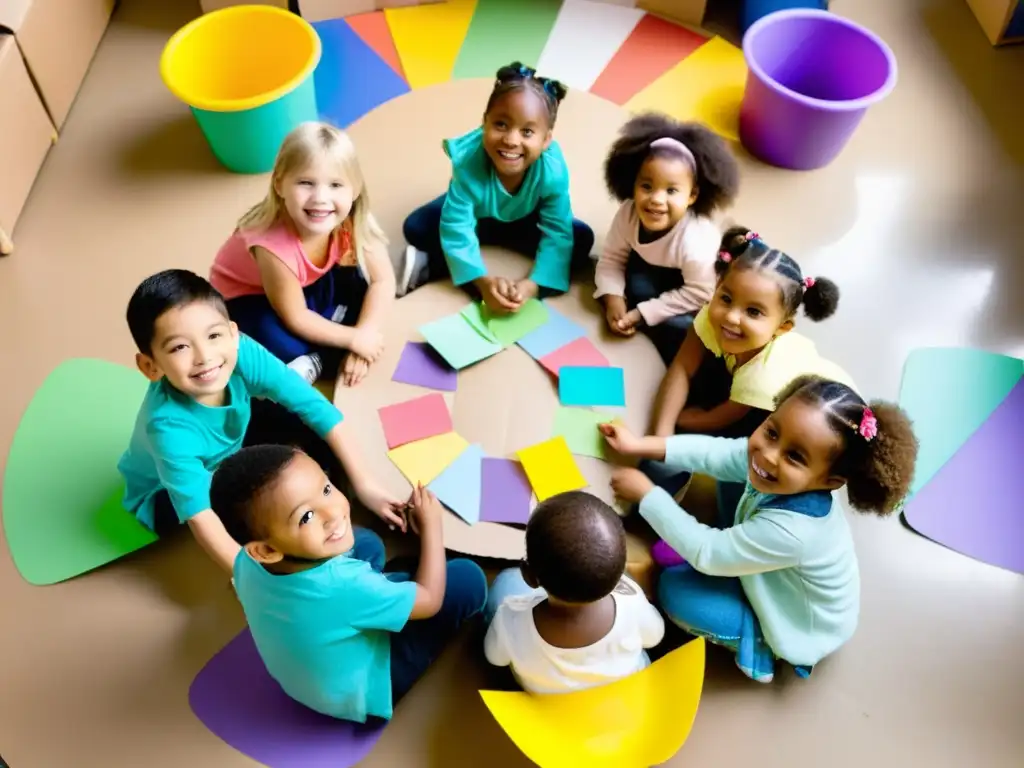 Niños disfrutan de proyectos creativos de reciclaje, creando arte con materiales reciclados en un ambiente lleno de luz natural