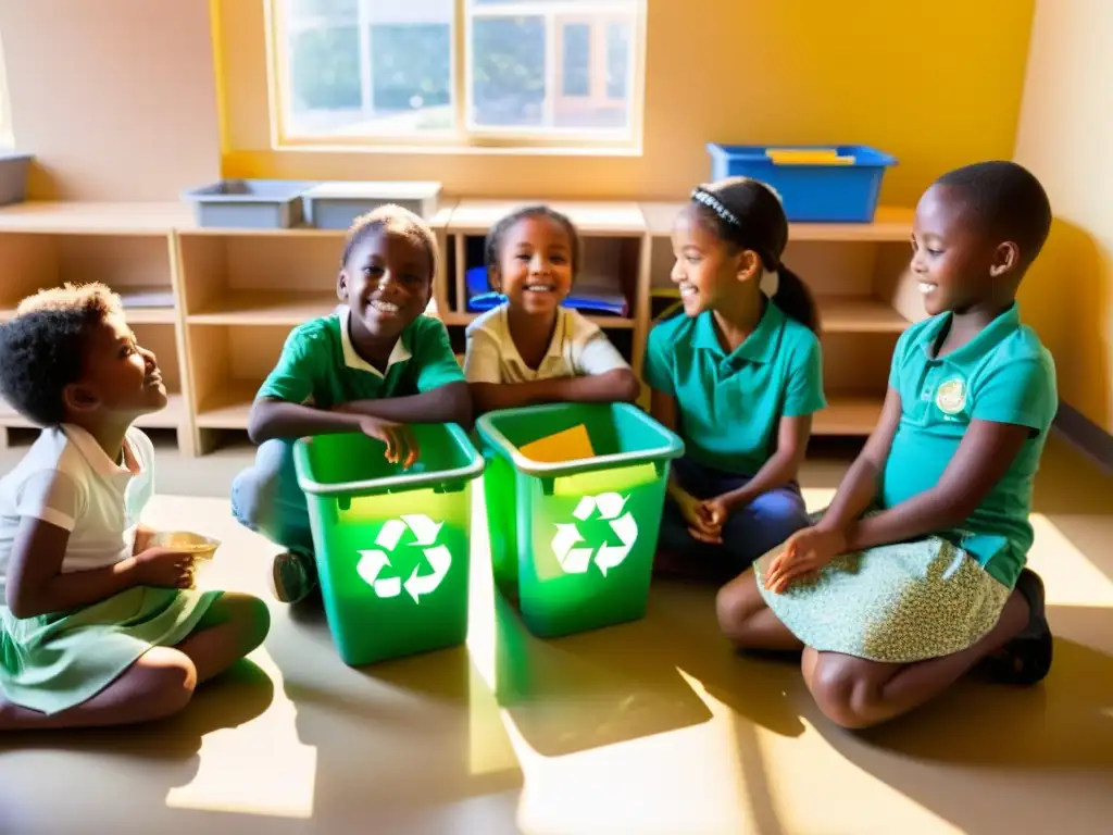 Niños aprendiendo sobre reciclaje en un aula, clasificando materiales en contenedores