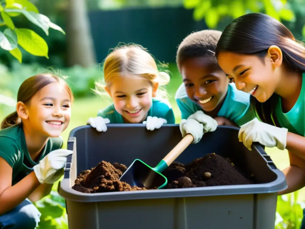 Niños sonrientes aprenden sobre compostaje en jardinería, rodeados de naturaleza exuberante y tierra fértil en un jardín sereno