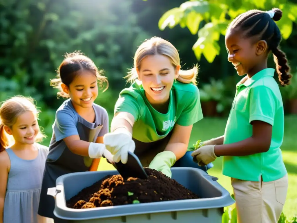 Niños sonrientes y educador disfrutan de juegos para enseñar compostaje en un jardín verde y soleado