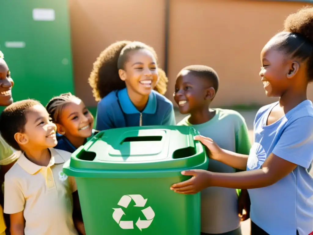 Niños sonrientes reciclando en la escuela, transmitiendo esperanza y entusiasmo