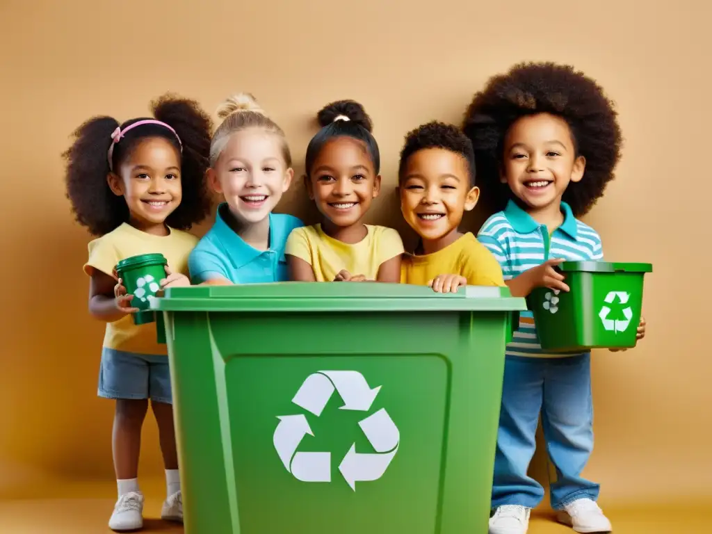 Niños sonrientes aprenden la importancia del reciclaje en experimentos escolares