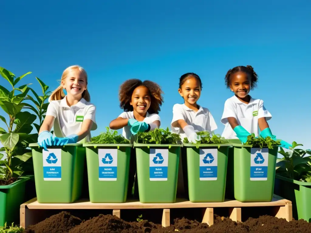 Niños sonrientes realizando manejo seguro de residuos, promoviendo la educación ambiental entre plantas y cielo azul