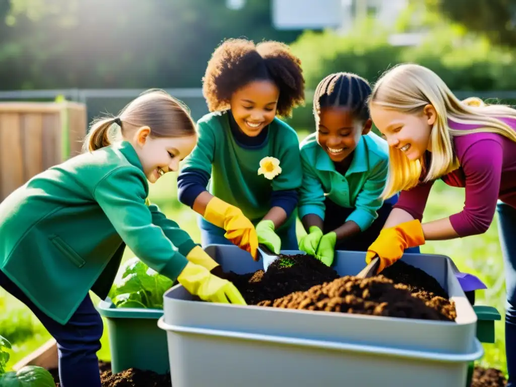 Niños sonrientes en un proyecto compostaje escolar iniciación, colocando desechos orgánicos en un contenedor, bajo el sol brillante