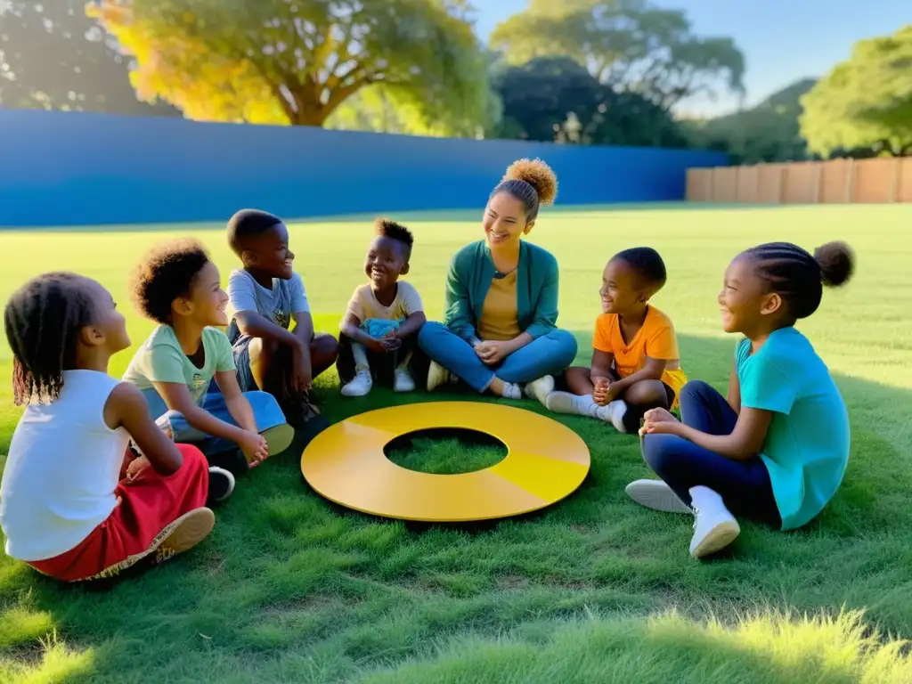 Niños sonrientes disfrutando de proyectos creativos de reciclaje rodeados de arte colorido en un campo soleado al atardecer