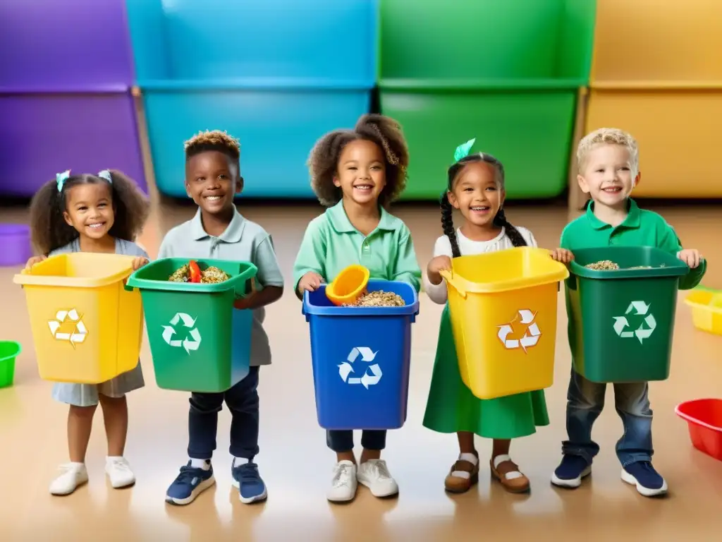 Niños sonrientes aprenden sobre reciclaje con juegos de clasificación de residuos en aula colorida