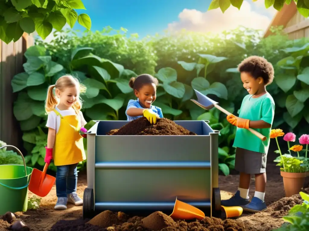 Niños sonrientes mezclando restos de comida y tierra en un compostero, rodeados de plantas y flores