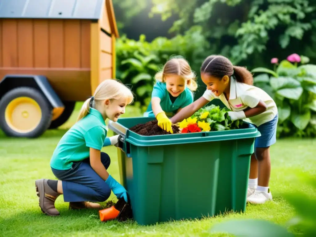 Niños aprendiendo sobre educación sostenible al compostar en un alegre jardín soleado